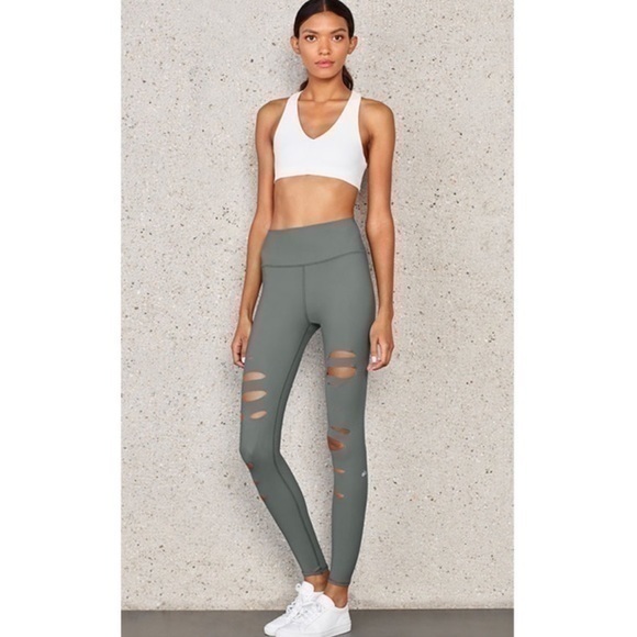 ALO Yoga Pants - ALO YOGA GRAY RIPPED HIGH WAIST WARRIOR LEGGING
